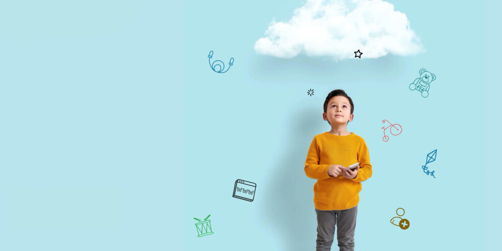 a child playing on a smartphone against a light blue background